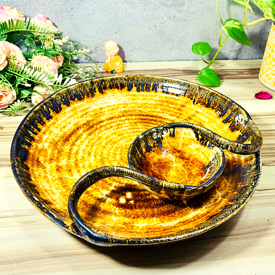 Homefrills Premium Yellow Serving Ceramic Platter/Plate with Section,Chip n Dip Platter/Plate/Tray for Momos, Fries, Kebabs, Starter and Snacks etc Microwave Safe. (Set of 1)